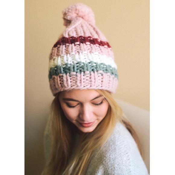 Pink & Burgundy Striped Cozy Fall Pom Knit Beanie - Picture 2 of 2